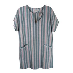 Trovata Bird of Paradise Striped Tunic Dress Medium Green Pink White Cotton